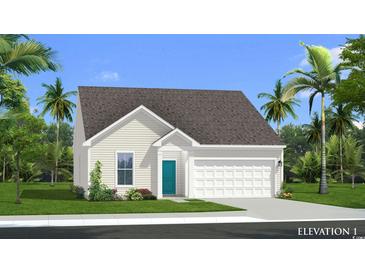 One-story home with white siding, teal door, and gray roof, nestled in a landscaped yard with palm trees at 124 Tbd Sun Colony Blvd., Longs, SC 29568