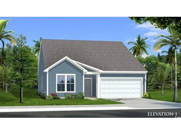 One-story home with gray roof, blue siding, and white garage door at 125 Tbd Sun Colony Blvd., Longs, SC 29568