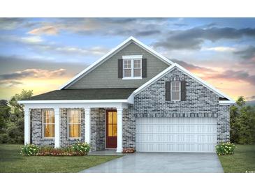 Charming brick home featuring an attached garage, covered porch, and manicured lawn at 815 Ireland Dr., Longs, SC 29568