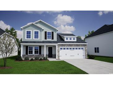 Charming two-story home featuring a stone-accented garage, black shutters, and a well-manicured lawn at 1109 Boswell Ct., Conway, SC 29526