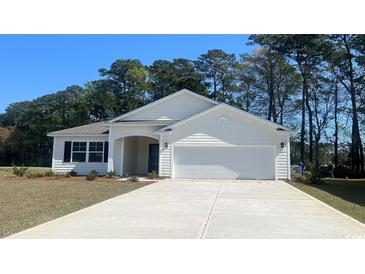 Charming single-story home features a two-car garage, manicured lawn, and lovely landscaping at 522 Haven View Way, Murrells Inlet, SC 29576