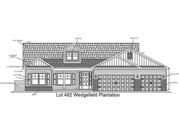 Detailed architectural drawing showing the front elevation, brick, vinyl siding, arch. shingles, and gable vents at 805 Francis Parker Rd., Georgetown, SC 29440