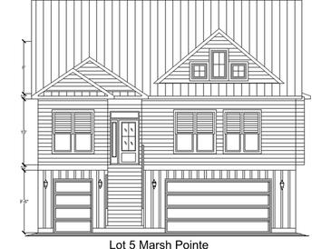 Detailed elevation of the house showing garage, roof, windows, and entry at Tbd Mud Minnow Dr., Pawleys Island, SC 29585