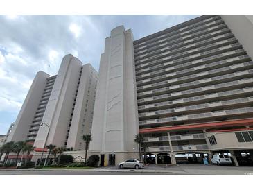 An exterior low angle shot of a condo building featuring numerous balconies at 1625 S Ocean Blvd. S # 910, North Myrtle Beach, SC 29582