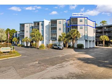 Condo building with palm trees and parking, highlighting Unit C-103 with blue accents and a private balcony at 1500 Cenith Dr. # C-103, North Myrtle Beach, SC 29582
