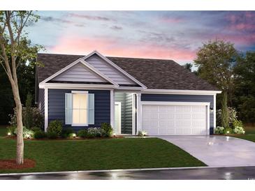 Charming single-story home with a well-manicured lawn, attached two-car garage, and beautiful twilight sky at 360 Kapalua Loop, Little River, SC 29566