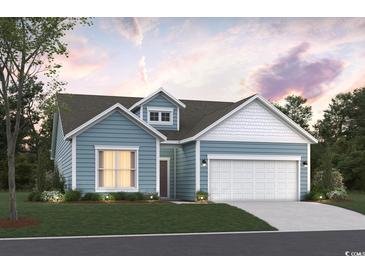 Charming single-Gathering home with blue siding, a two-car garage, and a well-manicured lawn at 416 Kapalua Loop, Little River, SC 29566