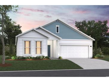 Charming single-Gathering home with a two-car garage, blue accents, and a well-manicured lawn at 435 Kapalua Loop, Little River, SC 29566