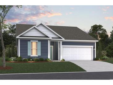 Charming single-story home with blue siding, white trim, a two-car garage, and manicured front lawn at 8655 Farrier Dr., Myrtle Beach, SC 29588