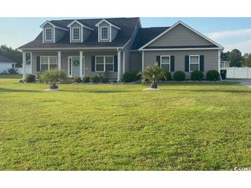 Charming single-story home with a manicured lawn, complemented by palm trees and gray siding at 206 Marley Ct., Conway, SC 29526