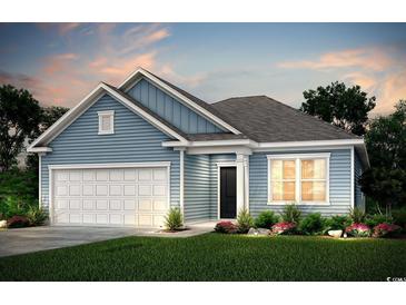 Charming one-story home featuring light blue siding, a white garage door, and a well-manicured lawn at 285 Eagle Claw Dr., Calabash, NC 28467
