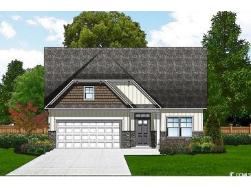 Charming single-story home with a gray roof, attached garage, and beautifully landscaped front yard at 586 Honeyhill Loop, Conway, SC 29526