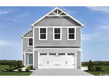 Charming two-story home with gray siding, white trim, a two-car garage, and a welcoming front door at 434 Myrtle Meadows Dr, Conway, SC 29526