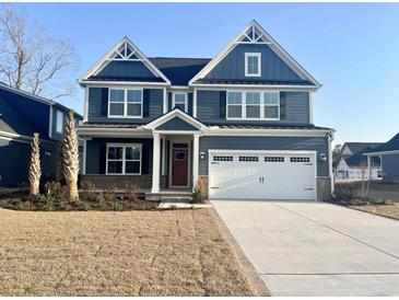 Beautiful two-story home features a symmetrical design, blue siding, and a spacious two-car garage at 9021 Aria Way, Longs, SC 29568