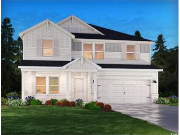 Charming two-story home with white siding, brick accents, and a well-manicured lawn at 2104 Copper Creek Ct., Longs, SC 29568