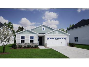 Charming single-story home with stone accents, a well-manicured lawn, and a two-car garage at 899 Agostino Dr., Myrtle Beach, SC 29579