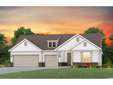 Charming single-Gathering home featuring a three-car garage, brick accents, and lush landscaping in a serene setting at 232 River Edge Dr., Myrtle Beach, SC 29588