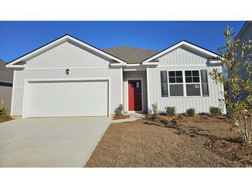 Charming single-story home featuring a red front door, garage, and well-maintained landscaping at 559 Firouz Dr, Longs, SC 29568