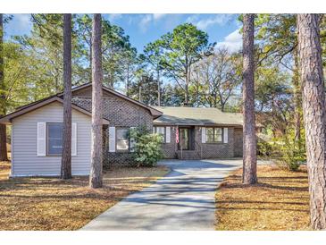 Charming brick home featuring a long driveway framed by mature trees, offering privacy and curb appeal at 100 Deloach Trail, Pawleys Island, SC 29585