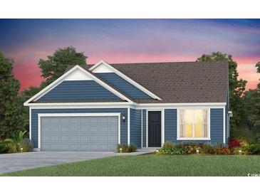 Charming single-story home showcasing blue siding, a gray garage door, and lush landscaping at 2529 Watershed Way, Longs, SC 29568