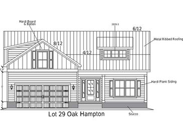 Detailed elevation of a two-story home showcasing Hardi board & batten, metal ribbed roofing and Hardi plank siding at 313 Goddard Ln., Murrells Inlet, SC 29576