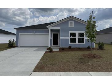 Charming single-story home with light blue siding, attached garage, and well-maintained landscaping at 247 Warner Crossing Way, Loris, SC 29569