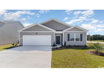 Charming single-story home with a gray exterior, well-maintained lawn, and an attached two-car garage at 709 Chazen Way, Longs, SC 29568