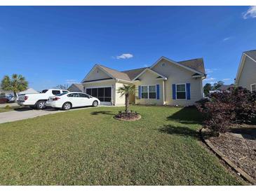Charming one-story home with well-maintained lawn and beautiful blue shutters at 213 Cupola Dr., Longs, SC 29568