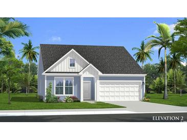 Charming single-Gathering home with light blue siding, white trim, a two-car garage, and a well-manicured lawn at 440 Joseph St, Longs, SC 29568