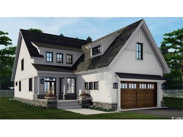 New construction home featuring a stylish exterior with a two-car garage and covered front porch at 573 Starlit Way, Myrtle Beach, SC 29579
