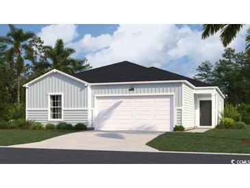Charming single-story home with light blue siding, a black roof, and an attached two-car garage at 224 Warner Crossing Way, Loris, SC 29569