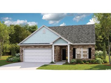 Charming single-Gathering home with stone accents, a two-car garage, and a well-manicured lawn at 3316 Bay View Ct., North Myrtle Beach, SC 29582