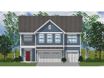Charming two-story blue home with a welcoming red front door and a two-car garage, surrounded by mature trees at 1056 Laconic Dr., Myrtle Beach, SC 29588