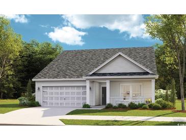 Charming one-story home featuring a covered porch, attached garage and manicured lawn and inviting curb appeal at 1525 Seachase Way, North Myrtle Beach, SC 29582