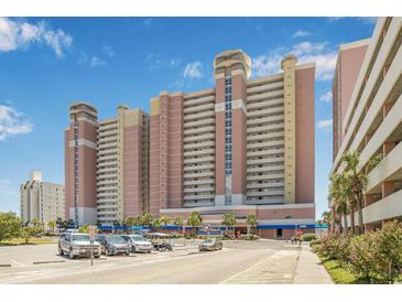 Stunning exterior view of the resort with a grand facade, multiple balconies, and convenient parking at 2801 South Ocean Blvd. # 335, North Myrtle Beach, SC 29582