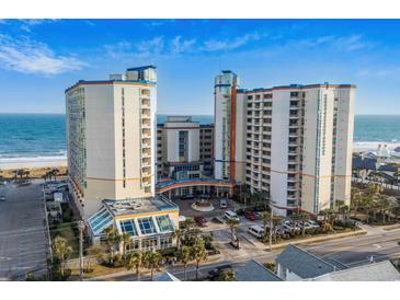 Stunning aerial view of the oceanfront resort with multiple towers and beautiful landscaping at 5200 N Ocean Blvd. # 632, Myrtle Beach, SC 29577
