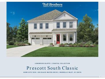 Charming two-story home with a landscaped yard, a two-car garage, and a welcoming red front door at 200 Black Water Dr., Murrells Inlet, SC 29576