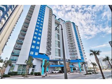 Stunning exterior of a modern high-rise condo building with beautiful blue and white accents and multiple balconies at 504 N Ocean Blvd. # 1810, Myrtle Beach, SC 29577