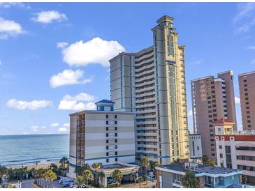 Coastal condo building with blue accents, ocean view, palm trees, and beach access for a luxurious vacation experience at 2504 N Ocean Blvd. # 934, Myrtle Beach, SC 29577