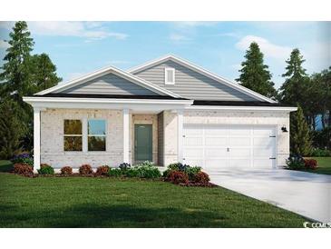 Charming single-story home featuring a brick facade, well-manicured lawn, and a two-car garage, blending comfort with curb appeal at 1566 Regal Fern Way, Longs, SC 29568