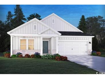 Charming single-story home with white siding, stone accents, and a well-manicured lawn at 1579 Regal Fern Way, Longs, SC 29568