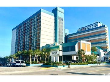 View of Landmark Resort's exterior showcasing its oceanfront location and modern architecture at 1501 S Ocean Blvd. # 1107, Myrtle Beach, SC 29577