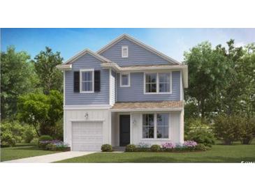 Charming two-story home with blue siding, white trim, an attached garage and a neatly landscaped front yard at 431 Falling Leaf Loop, Myrtle Beach, SC 29588