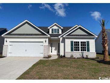 Charming single-Gathering home featuring a two-car garage, landscaped yard, and classic architectural details at 418 Lifestyle Court, Surfside Beach, SC 29575