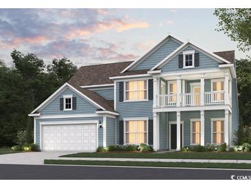 Charming two-story home showcasing a welcoming porch, well-manicured landscaping, and a two-car garage at 220 River Edge Dr., Myrtle Beach, SC 29588