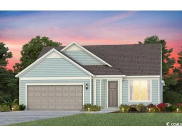 Charming single-story home featuring light blue siding, a two-car garage, and well-manicured landscaping at 2525 Watershed Way, Longs, SC 29568