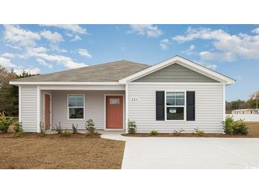 Charming single-story home featuring a tidy lawn and a welcoming coral front door at 627 Culmen Ct., Myrtle Beach, SC 29588