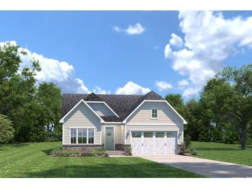 Charming single-story home with a combination of siding and stone, a two-car garage, and a well-manicured lawn at 1324 Piper Glen Dr, Sunset Beach, NC 28468