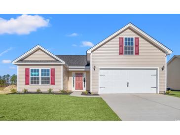 Charming single-Gathering home featuring a two-car garage, landscaped lawn, and inviting red door at 263 Stillbrook Dr., Longs, SC 29568