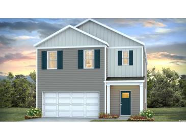 Charming two-story home featuring gray siding, a one car garage, and a welcoming covered front entry at 442 Acosta Circle, Conway, SC 29527